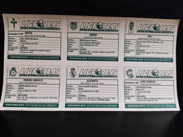 Fichas técnicas de cromos Ediciones Este Liga 94/95 con información de jugadores como Antia, Sergi, Oli, Pedro Riesco, Alkorta y Luis García.