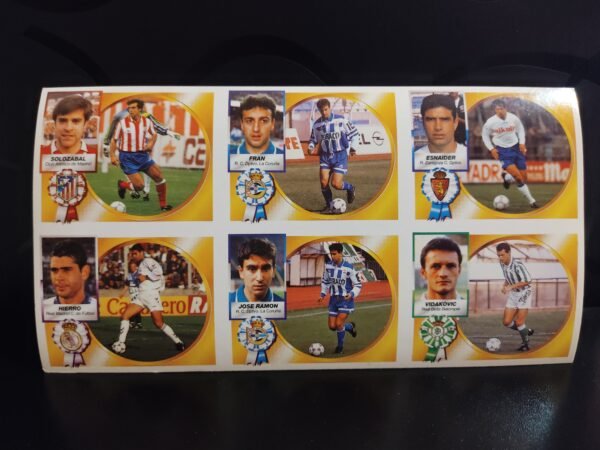 Cromos frontales de jugadores históricos de la Liga Española 1994/1995 como Solozábal, Fran, Esnáider, Hierro, José Ramón y Vidakovic de Ediciones Este.