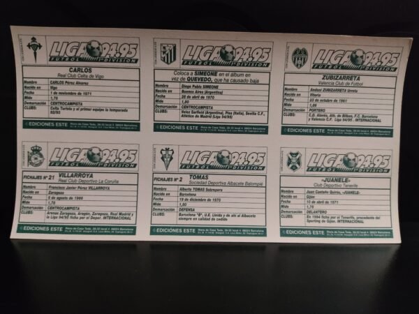 arte trasera de lámina de cromos Liga 94-95 Ediciones Este con fichas detalladas de Zubizarreta, Simeone, Juanele, Carlos, Villarroya y Tomás.