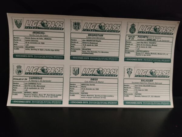 Parte trasera de cromos Liga 94-95 con fichas oficiales de Begiristain, Pacheta, Monchu, Carreras, Diego y Balaguer. Ediciones Este original.