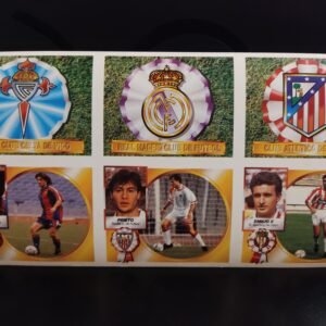 Lámina de cromos Liga 94-95 Ediciones Este con escudos del Real Madrid, Atlético de Madrid y Celta de Vigo, más Bakero, Emilio II y Prieto.