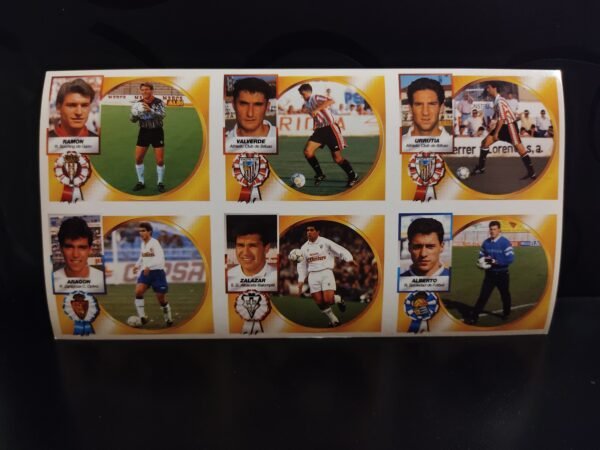 Lámina de cromos Liga 94-95 Ediciones Este con Ernesto Valverde, Zalazar, Aragón, Alberto, Ramón y Urrutia en acción.