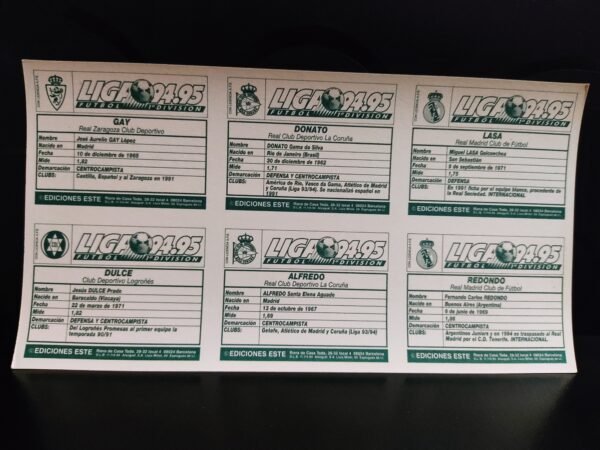 Parte trasera de cromos Liga 94-95 con fichas técnicas de Redondo, Donato, Gay, Lasa, Dulce y Alfredo.