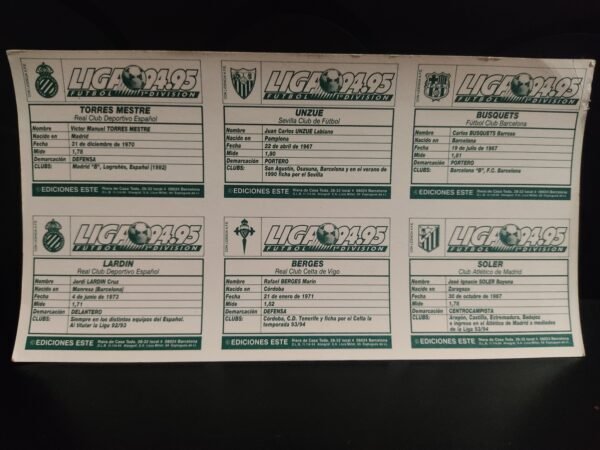 Reverso cromos Liga 94/95 Ediciones Este con estadísticas de jugadores