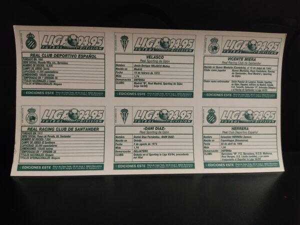 Fichas de jugadores y clubes en lámina Ediciones Este 1994/95 con datos históricos del Espanyol y Racing de Santander.