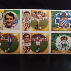 Cromos Liga 94-95 con Vicente Miera, Dani Díaz, Velasco, Herrera y escudos del Racing y Espanyol en lámina original.