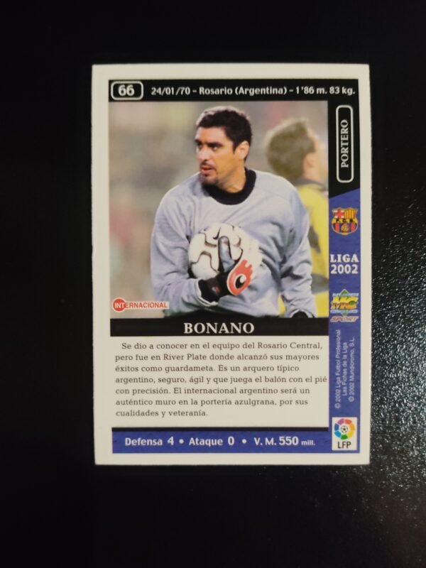 Tarjeta coleccionable de Roberto Bonano portero del Barça - Liga 2002 Mundicromo