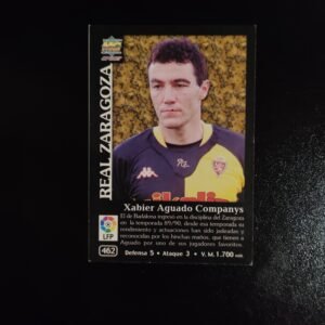 Carta oficial LFP 2002 de Xabier Aguado con retrato, descripción y estadísticas como jugador del Real Zaragoza.
