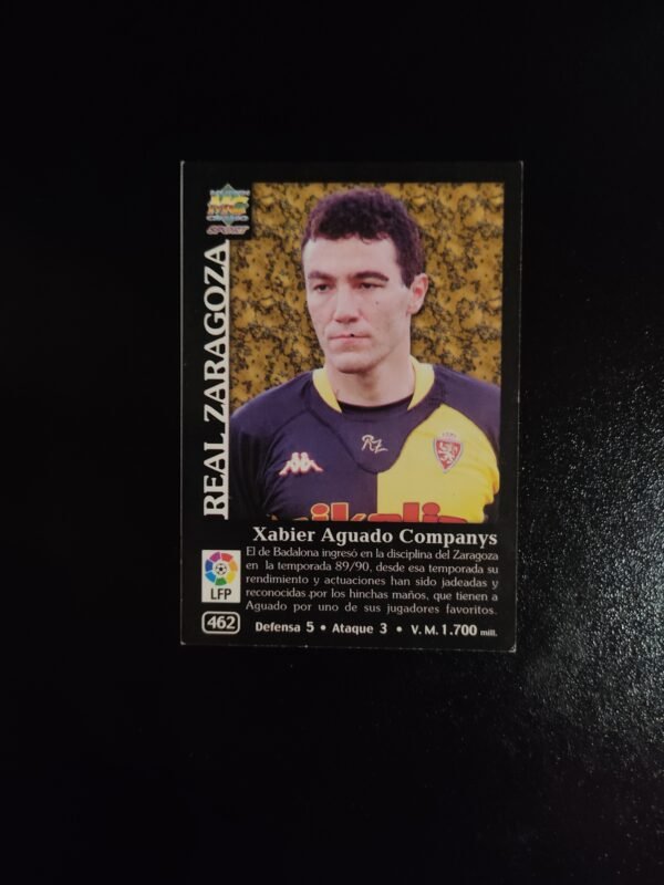 Carta oficial LFP 2002 de Xabier Aguado con retrato, descripción y estadísticas como jugador del Real Zaragoza.