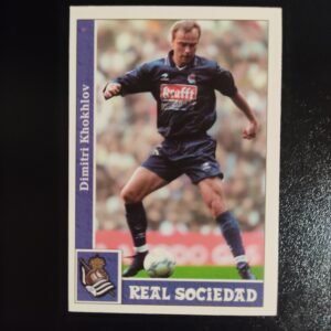 Cromo vintage de fútbol mostrando a Dmitri Khokhlov en acción con la Real Sociedad, parte de la colección Panini Liga 2002, ideal para coleccionistas nostálgicos.