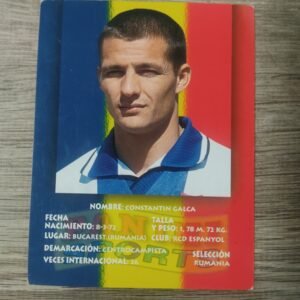 Cromo Panini de Constantin Gâlcă con uniforme del Espanyol y fondo con la bandera de Rumanía, edición vintage años 90