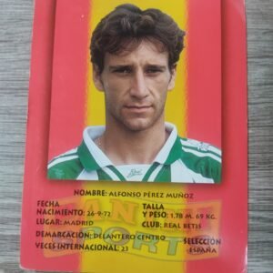 Cromo Panini Sports de Alfonso Pérez con camiseta del Real Betis y fondo con bandera de España, edición original años 90