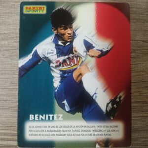 Cromo Panini de Benítez en acción con la camiseta del RCD Espanyol, fondo tricolor, edición original años 90