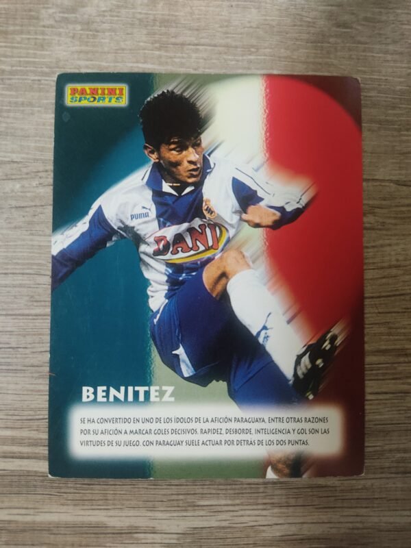 Cromo Panini de Benítez en acción con la camiseta del RCD Espanyol, fondo tricolor, edición original años 90