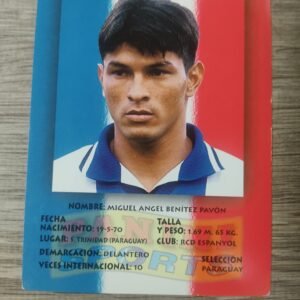 Cromo Panini de Miguel Ángel Benítez con camiseta del RCD Espanyol y fondo con bandera de Paraguay, edición vintage Panini Sports