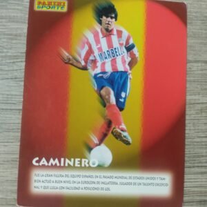 Cromo Panini Sports de Caminero con la camiseta del Atlético de Madrid y fondo con bandera de España, en acción, edición vintage 90s