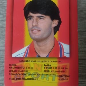 Cromo Panini original de José Luis Caminero con fondo rojo y amarillo, datos personales, selección española y Atlético de Madrid, edición años 90