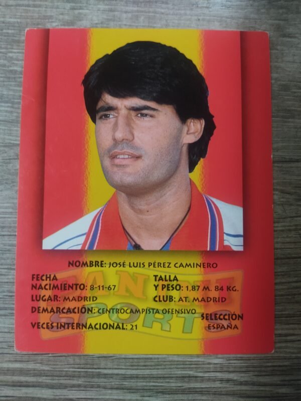 Cromo Panini original de José Luis Caminero con fondo rojo y amarillo, datos personales, selección española y Atlético de Madrid, edición años 90