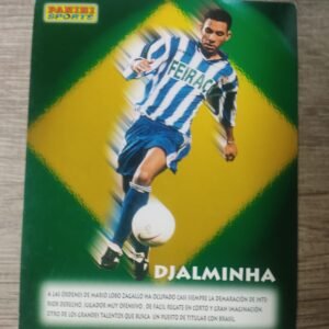 Cromo Panini Sports original de Djalminha con uniforme del Deportivo La Coruña y fondo de bandera de Brasil, edición años 90