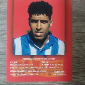 Cromo Panini Sports de Noureddine Naybet con uniforme del Deportivo La Coruña y fondo rojo, datos personales y selección Marruecos, edición años 90
