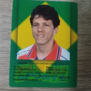 Cromo original Panini de Juninho Paulista con fondo de bandera de Brasil, selección nacional y Atlético de Madrid, edición años 90