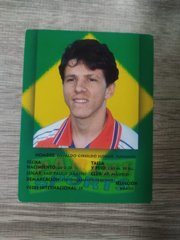 Cromo original Panini de Juninho Paulista con fondo de bandera de Brasil, selección nacional y Atlético de Madrid, edición años 90