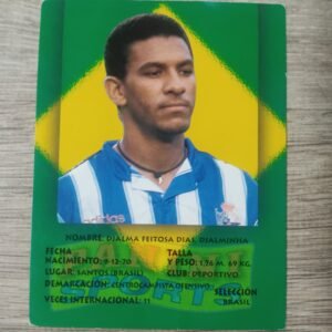 Cromo Panini original de Djalminha con camiseta del Deportivo de La Coruña y fondo con la bandera de Brasil, edición vintage años 90