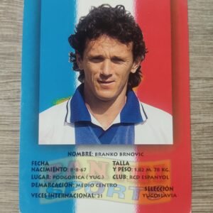 Cromo Panini Sports de Branko Brnović con fondo tricolor, datos del jugador, RCD Espanyol y selección Yugoslavia, edición años 90