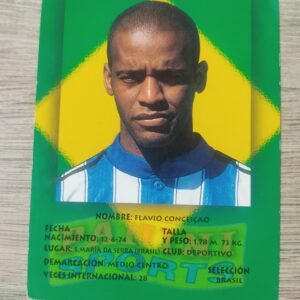 Cromo Panini Sports de Flávio Conceição con uniforme del Deportivo de La Coruña y fondo con bandera de Brasil, edición original años 90