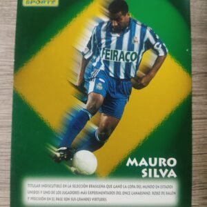 Cromo Panini original de Mauro Silva con la camiseta del Deportivo La Coruña y fondo con bandera de Brasil, edición Sports años 90