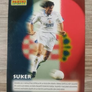 Cromo Panini de Davor Šuker con la camiseta del Real Madrid, en acción sobre fondo con bandera de Croacia, edición Sports años 90