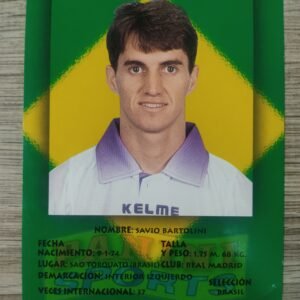 Cromo Panini original de Sávio Bartolini con la camiseta del Real Madrid, fondo con bandera de Brasil y datos personales, edición años 90