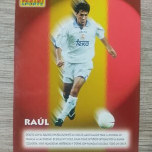 Cromo Panini de Raúl González Blanco con la camiseta del Real Madrid, en acción, fondo con bandera de España, edición Sports años 90