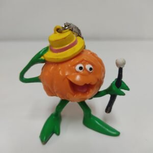 Llavero figura calabaza caricaturesca con bastón y sombrero, estilo Halloween vintage