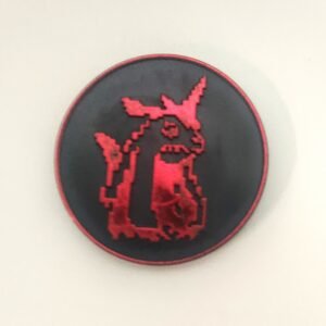 Slammer número 9 de Digimon con diseño pixelado rojo metálico sobre fondo negro