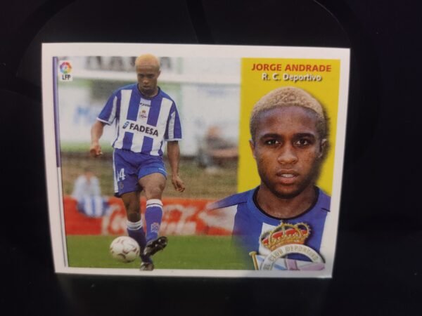 Lote de 8 cromos originales Colecciones Este con jugadores de LaLiga como Jorge Andrade, Fernando, Pablo Amo, Víctor, Coira, José Ignacio, Di María y Coudet, representando a clubes como Deportivo, Celta, Betis y Real Madrid.